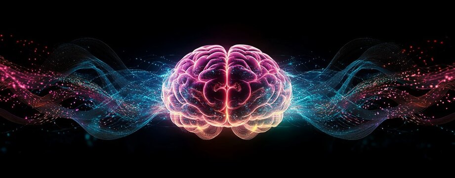 A dynamic graphic of a human brain surrounded by luminous sound waves, symbolizing the influence of frequency music on subconscious healing