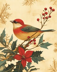 Vintage Christmas Illustrations with Poinsettias, Ornaments, and Festive Floral Designs Card background. AI generated image