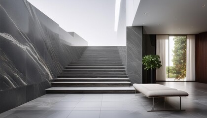 Fototapeta premium Modern Interior Design with Grey Marble Steps and a Long Bench