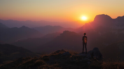 Traveler Witnessing a Stunning Sunset from a High Mountain Peak