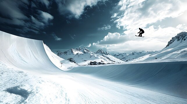 snowboarder executing an impressive midair trick above a snow-covered half pipe