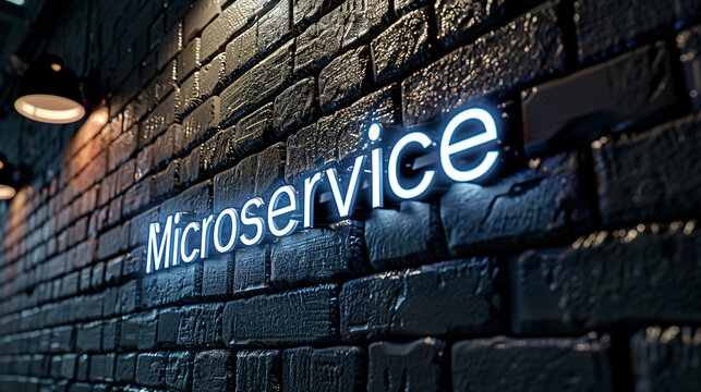 Neon microservice sign shines on a dark brick wall, lighting up the room