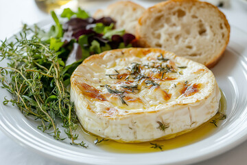 A plate of baked Camembert cheese with herbs and a baguette, delicious food photography, close-up shot, soft lighting
