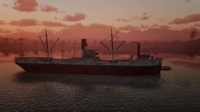 3D. USA. Louisiana. Mississippi River. Old Steamboat. Sunset
