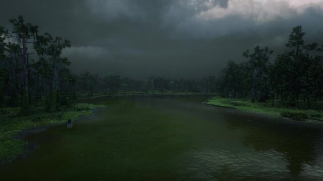 3D. USA. Louisiana. Mississippi Swamp with Rain and Thunderbolts