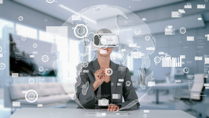 Woman selecting market world dynamic data research analysis sliding graph monitor via VR global innovation interface digital network technology visual hologram smart animation at office. Contraption.