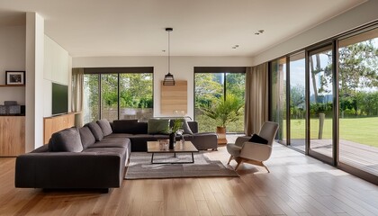 Fototapeta premium Modern Open Plan Home Interior Design With Wooden Flooring