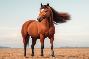 Obraz premium A chestnut horse with a flowing mane stands in a field.
