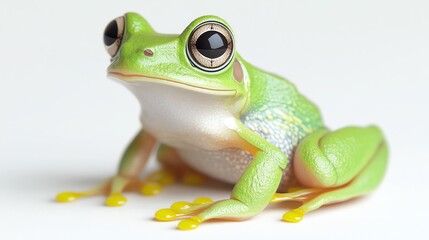 Obraz premium A small, green frog with large, black eyes sits on a white background.