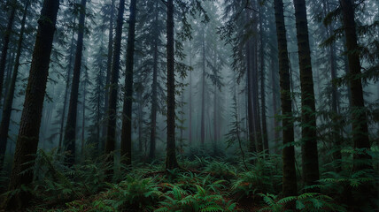 Whispering Pines: A Misty Morning Among Towering Trees and Lush Ferns