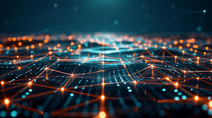 Obraz premium Abstract image on a dark background, showcasing interconnected data points that represent digital transformation and big data. Advanced AI driven network systems for a high tech future. 
