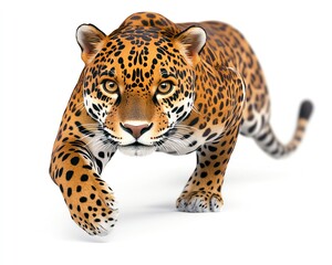 Obraz premium A powerful jaguar stalking forward with a fierce expression.