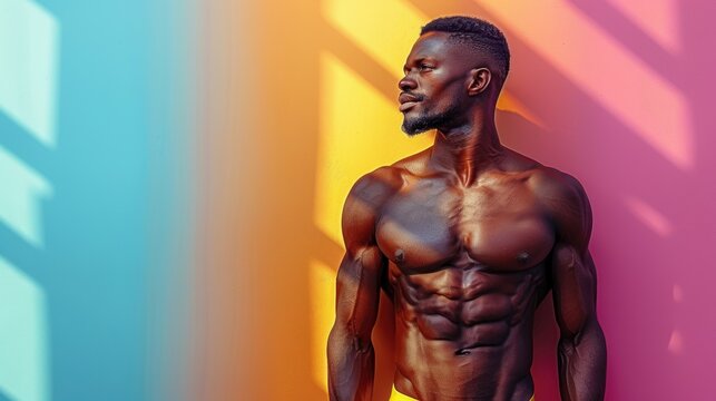 A young man poses confidently against a vibrant, colorful background, showcasing his toned physique in an urban setting