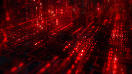 Red, abstract binary code elements on a dark screen, illustrating the concepts of malware, ransomware, and cyber attacks. Background design that includes copy space for added content
