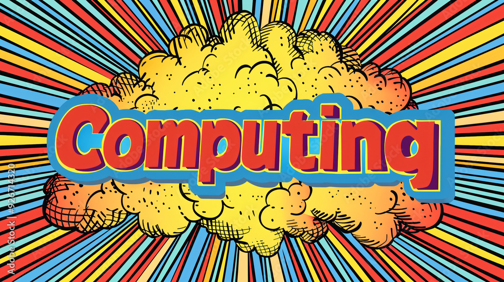 Aufkleber retro comic book style word computing with colorful explosion and radial lines