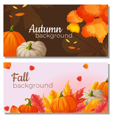 Set of autumn horizontal banners. Autumn background with falling leaves and pumpkin