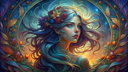 Graceful Woman with Flowing Hair and Floral Accents in Art Nouveau Style, generative ai