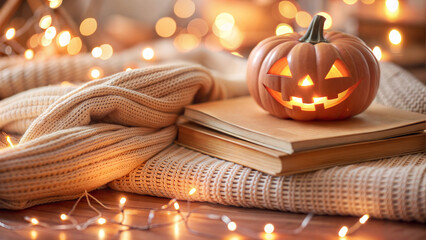 Cozy Autumn Setting with Pumpkins, Knitted Blanket, and Stack of Books