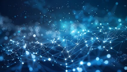 Fototapeta premium Abstract blue background with glowing network connection dots and lines, dark night sky.