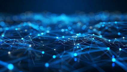 Obraz premium Abstract blue background with glowing digital connections and dots on dark space, technology network.