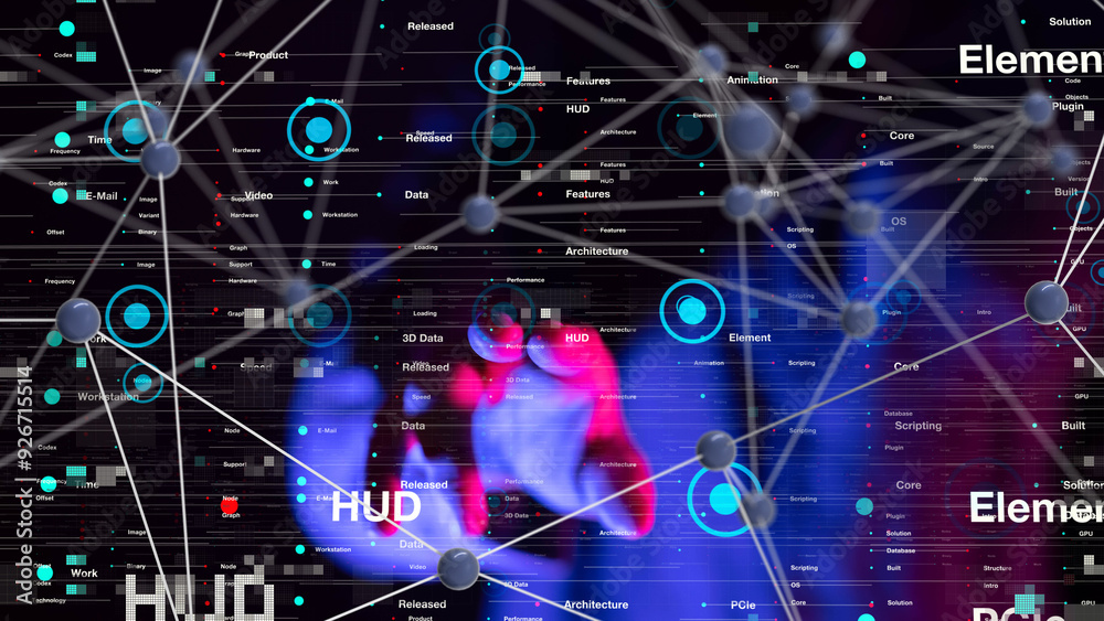 Poster Neural network 3D illustration. Big data and cybersecurity