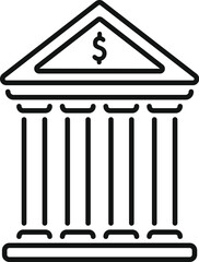 Simple line drawing of a bank building with columns and a dollar sign, symbolizing financial institutions