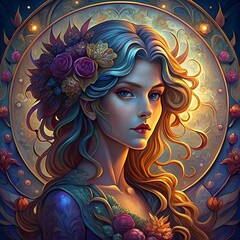 Graceful Woman with Flowing Hair and Floral Accents in Art Nouveau Style, generative ai