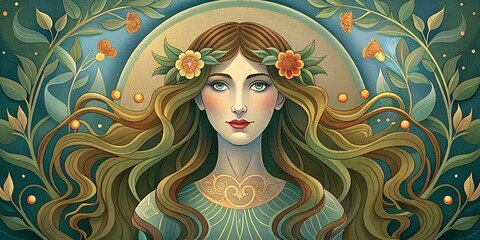 Graceful Woman with Flowing Hair and Floral Accents in Art Nouveau Style, generative ai