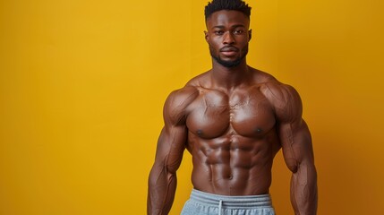 Muscular male bodybuilder posing confidently against a vibrant yellow background in a fitness studio