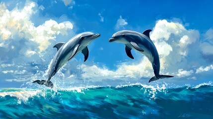 Two dolphins leap gracefully from the sparkling ocean waves. The sun shines brightly in the backdrop, creating a vibrant marine scene. 