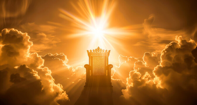 Golden throne with radiant light in the clouds