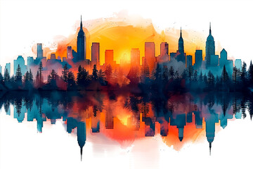 Obraz premium Vibrant city skyline with a watercolor effect, blending warm oranges and cool blues, symbolizing urban energy and dynamic contrasts