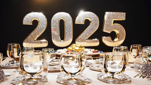 Golden 2025 sign standing on a table with covered dishes for a new year's eve celebration