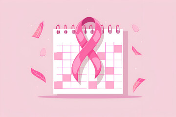 Pink ribbon placed over a calendar page symbolizing breast cancer awareness and the importance of regular check-ups and early detection.