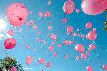 Fototapeta premium Numerous pink balloons floating in a clear blue sky during a breast cancer awareness event
