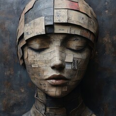 Sculpture of a woman with a piece of paper on her head, new year 2025