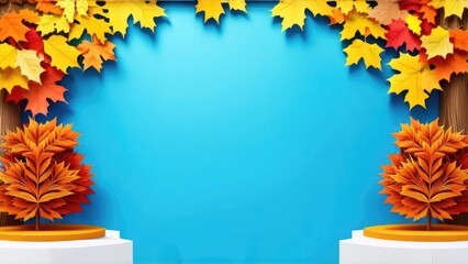 3d autumn frame, autumn trees, leaves, place for text.