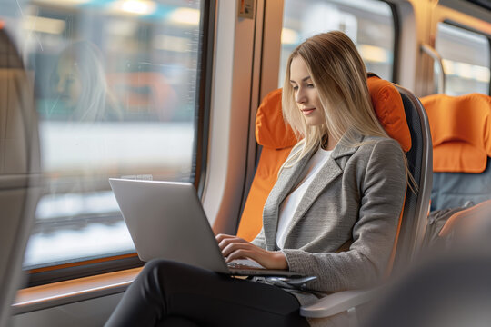 Young professional woman working on her laptop during a peaceful train ride, exemplifying modern travel productivity