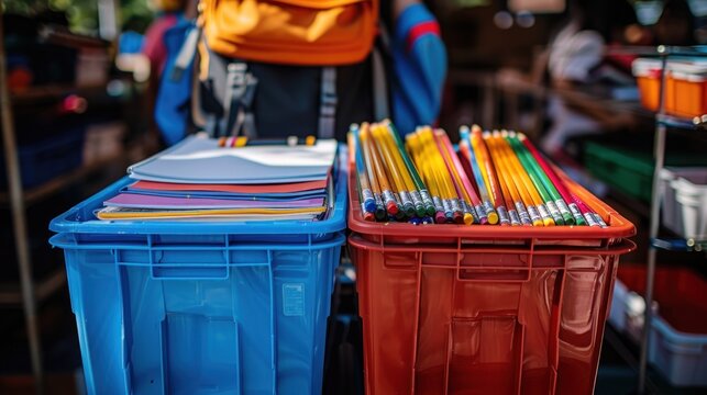 Person donating school supplies like notebooks, pencils, and backpacks to a drive for underprivileged students, with organized bins for collection.