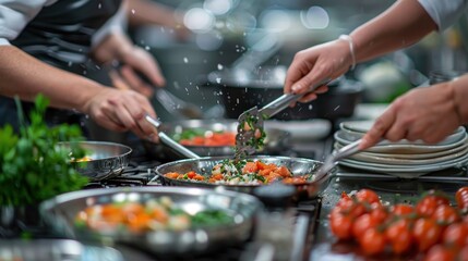 Business team cooking class, preparing meal, teamwork, creativity.