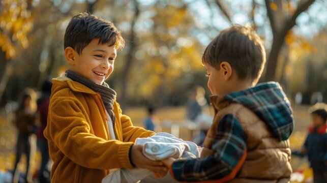 Well-dressed child giving shirt to needy child, park setting, volunteers in background.