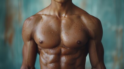 Fototapeta premium A muscular person showcasing their physique with water droplets on their skin in a studio setting