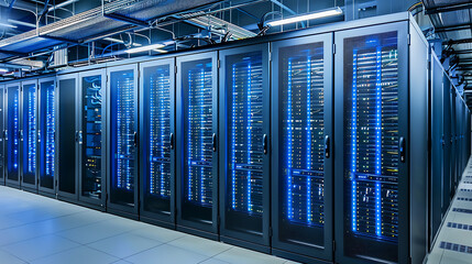 Modern server room filled with highpowered IT racks with latest in data storage technology. Tech infrastructure designed for optimal performance and efficiency. Information upload to physical server

