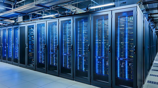 Modern server room filled with highpowered IT racks with latest in data storage technology. Tech infrastructure designed for optimal performance and efficiency. Information upload to physical server
