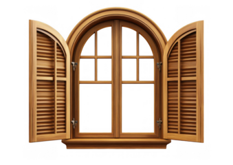 Open Wooden Window Frame with Arched Top