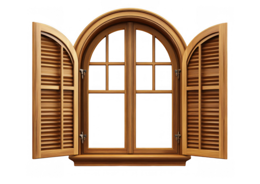 Open Wooden Window Frame with Arched Top