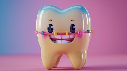 3D cartoon illustration of tooth character with colorful braces, smiling, showing aligned teeth, promoting orthodontic care.