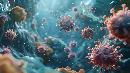 The immunotherapy medical approach, featuring floating viruses in a microscopic view. The image illustrates the concept of using the bodys immune system to fight diseases, particularly cancer.
