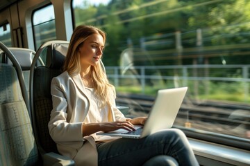 Young blonde woman working on a laptop while traveling by train, enjoying the view and a productive mobile workspace
