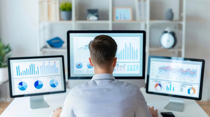 A professional working on multiple screens analyzing data with charts and graphs in a modern office setting.